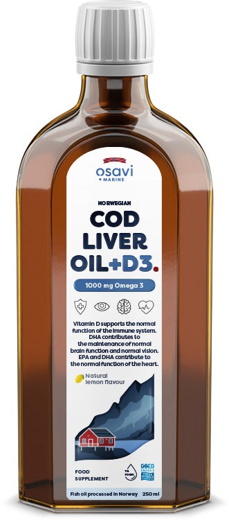 Norwegian Cod Liver Oil + D3, 1000mg Omega 3 (Lemon) - 250 ml.